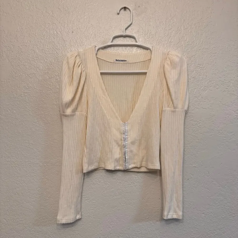 Reformation Einkorn Ribbed Organic Cotton Puff Sleeve Top Cream XS Cottage